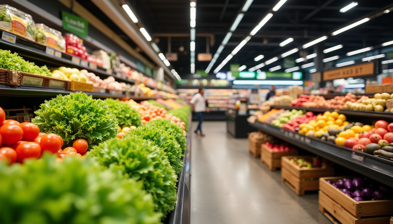 Rayons alimentaires à l'intérieur de l'InterMarché de Créney, montrant les produits frais, fruits et légumes