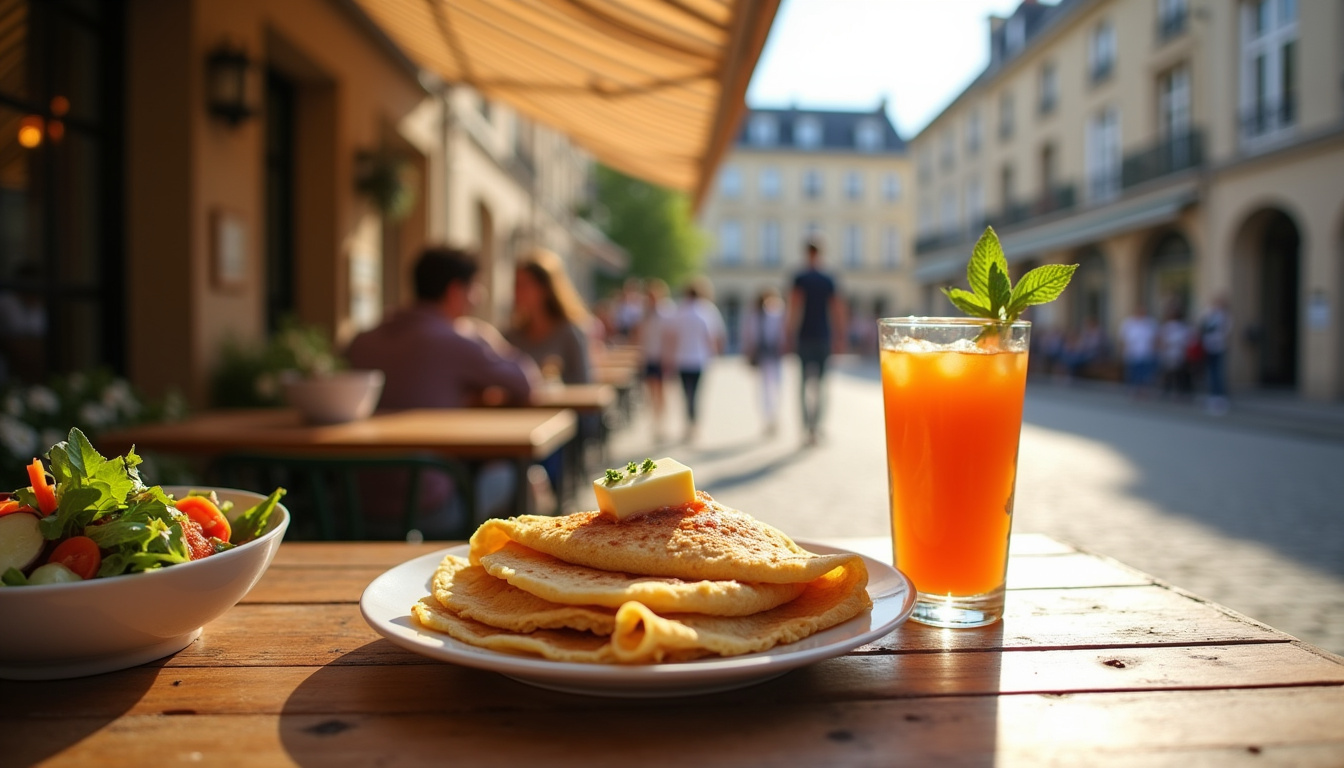 Terrasse d'un café à Rennes avec un brunch composé de crêpes, salade et jus de fruits frais
