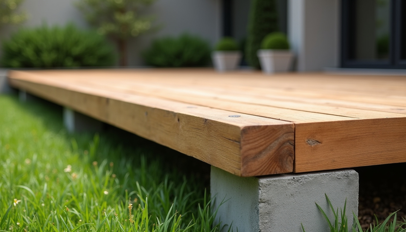 Terrasse en bois installée sur des plots en béton, réalisée selon les méthodes de Jacques Mager
